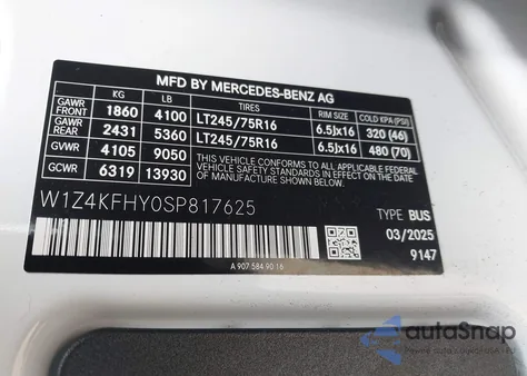 2025 Mercedes-Benz Sprinter 2500 Standard Roof 4-Cyl Diesel z USA, uszkodzony, nr VIN W1Z4KFHY0SP817625
